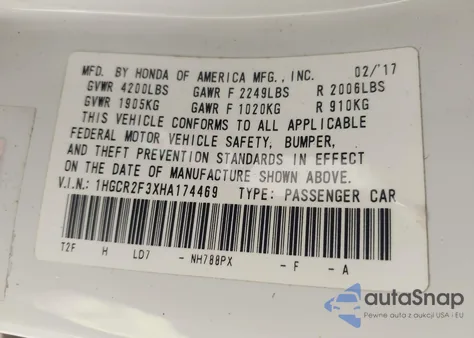 2017 Honda Accord Lx z USA, uszkodzony, nr VIN 1HGCR2F3XHA174469